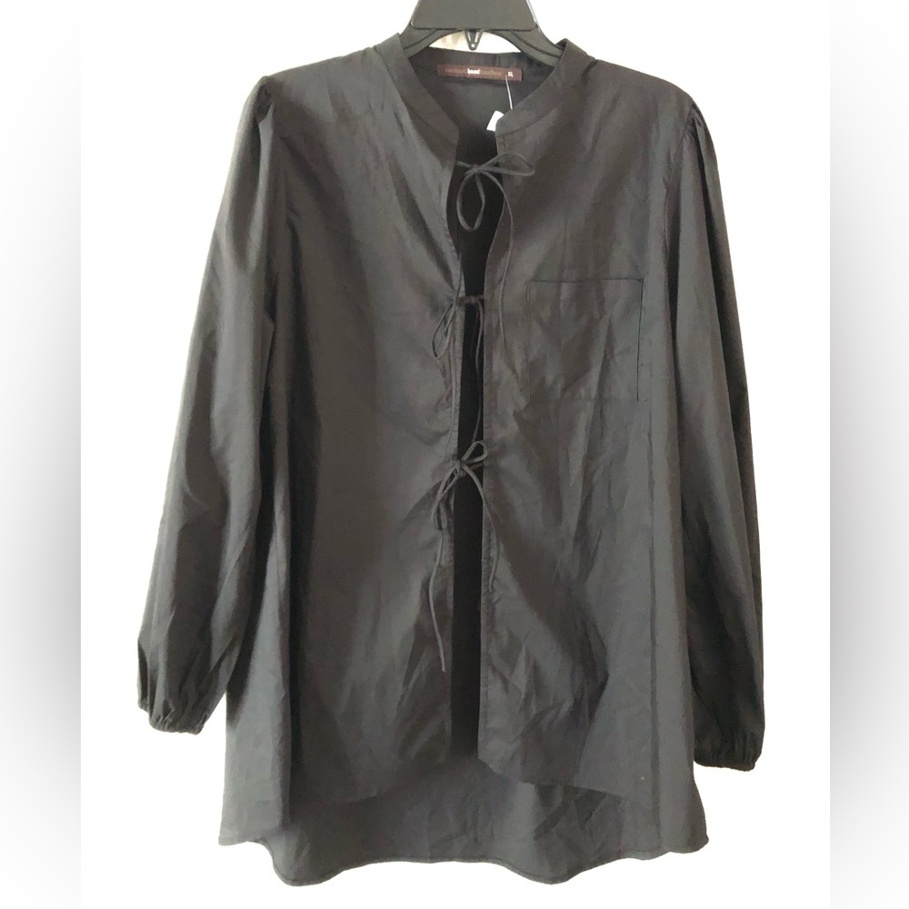 Hazelbaze Black Tie-Front Long Sleeve Blouse